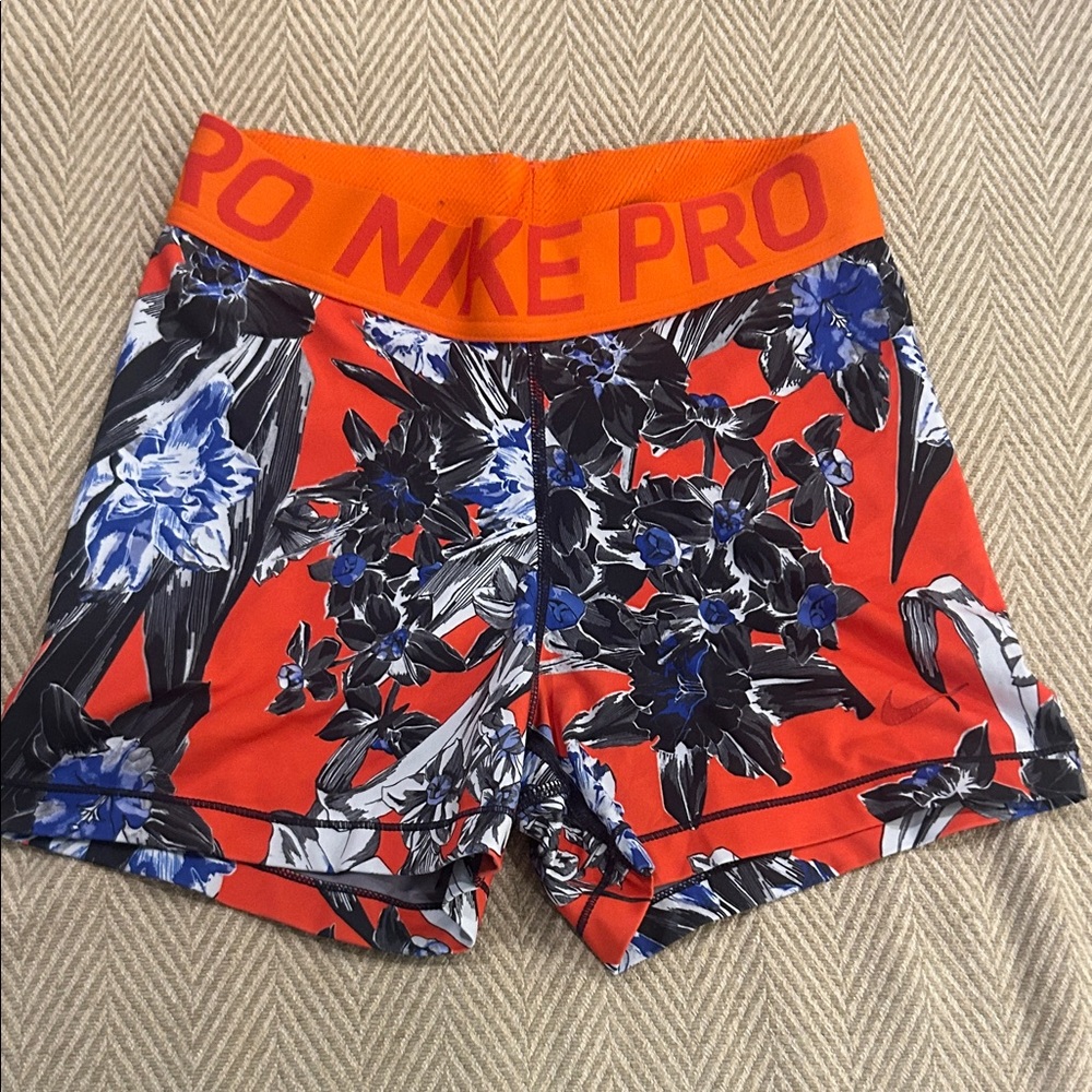 Nike Women's Pro Floral Athletic Shorts - Orange and Blue